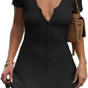 Women Cotton Blend Knitted Mini Dress V Neck Button Short Cap Sleeve Elegant
